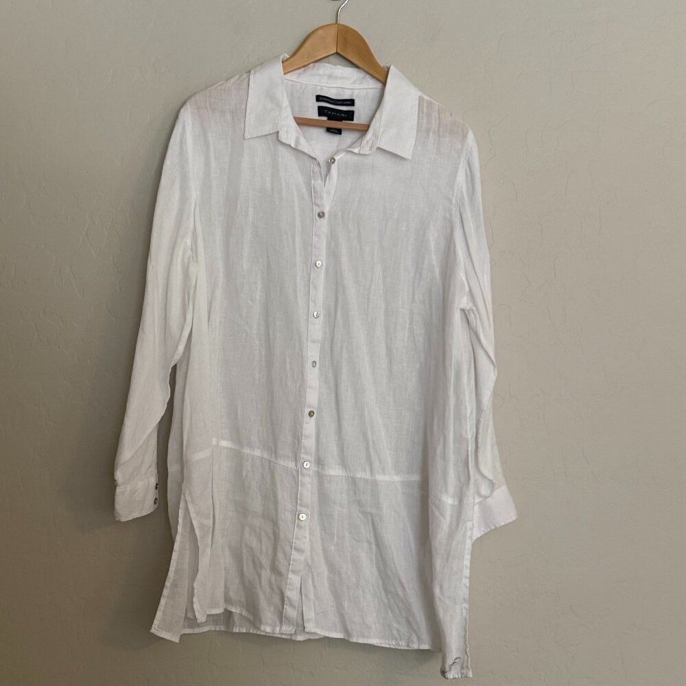 Tahari White 100% Linen Tunic Blouse Roll Up Sleeves Plus Size 2X